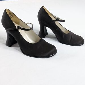 Y2K Black Matte Satin Chunky Block Heels Rounded Square Toe